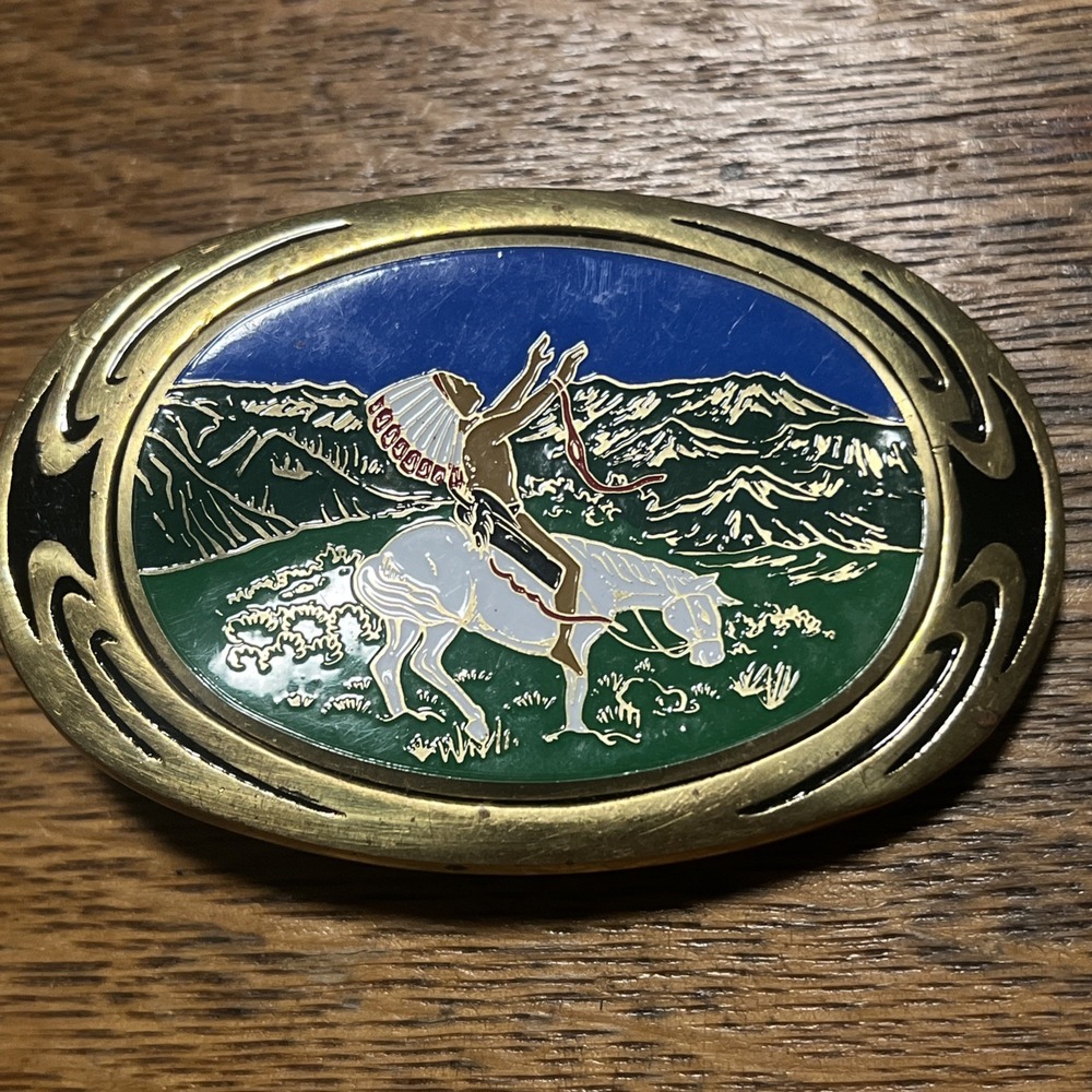 Vintage NAP Inc 1983 Solid Brass Native American Horse Mountain Belt Buckle F09
